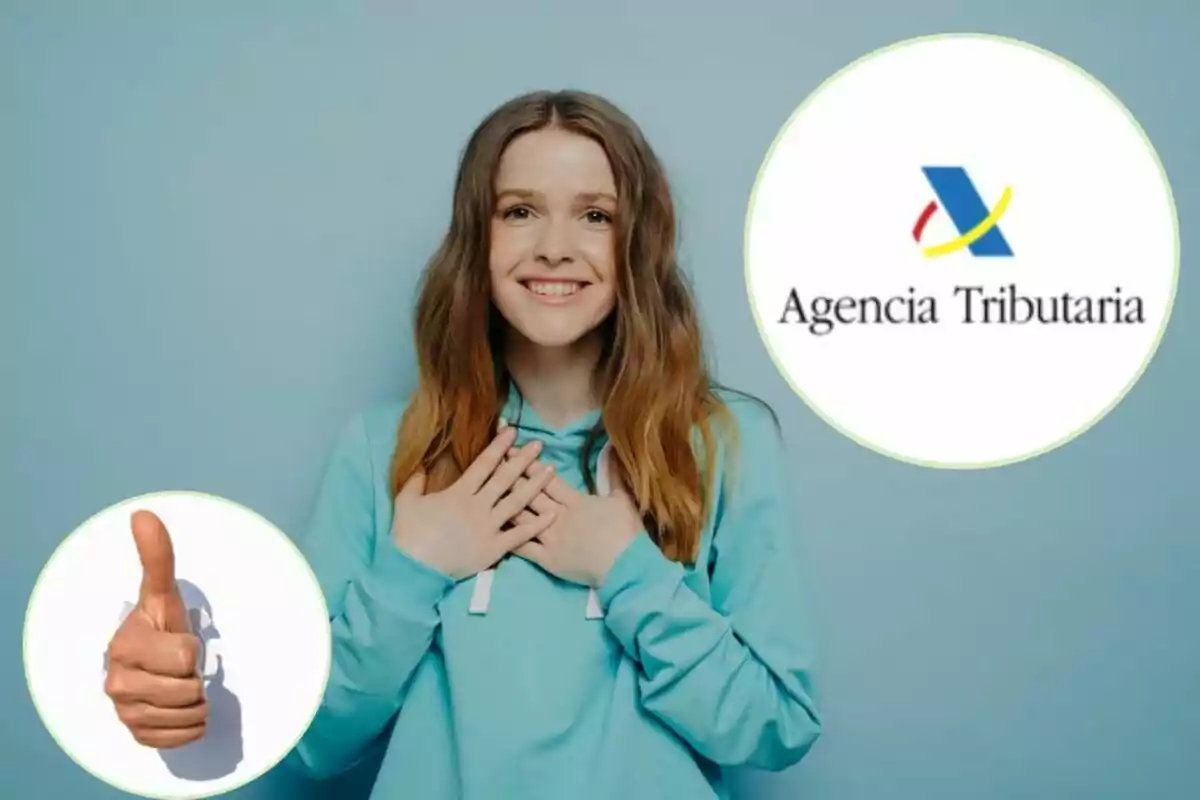 Una mujer sonriente con las manos en el pecho, junto a un logo de la Agencia Tributaria y un pulgar hacia arriba.