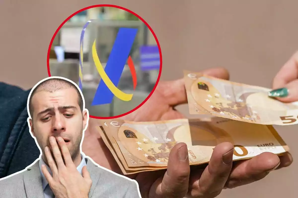 Un hombre preocupado con la mano en la boca, un logo de una institución y una persona entregando billetes de euro.