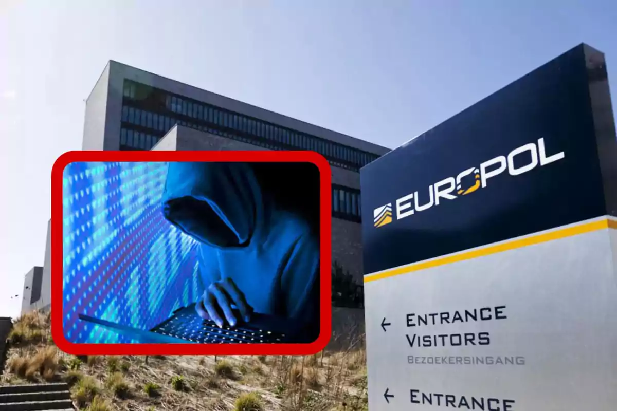 Un edificio de Europol con un letrero en primer plano y una imagen superpuesta de una persona encapuchada usando una computadora portátil.