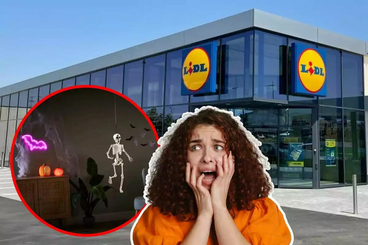 Una mujer asustada frente a una tienda Lidl con una imagen superpuesta de decoraciones de Halloween que incluye un esqueleto, murciélagos y calabazas iluminadas.