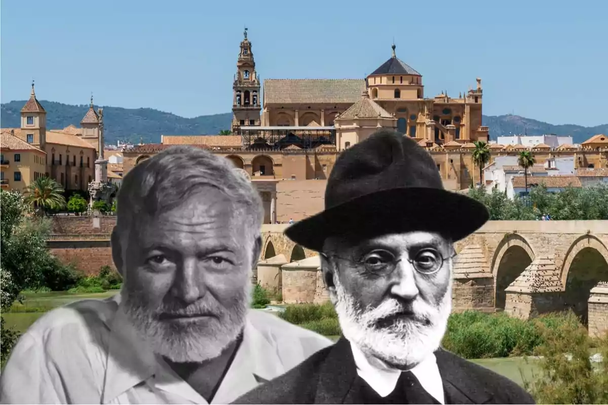 Dos hombres con barba y bigote, uno con sombrero, superpuestos sobre una imagen de un edificio histórico con una torre y un puente de piedra en un entorno natural.