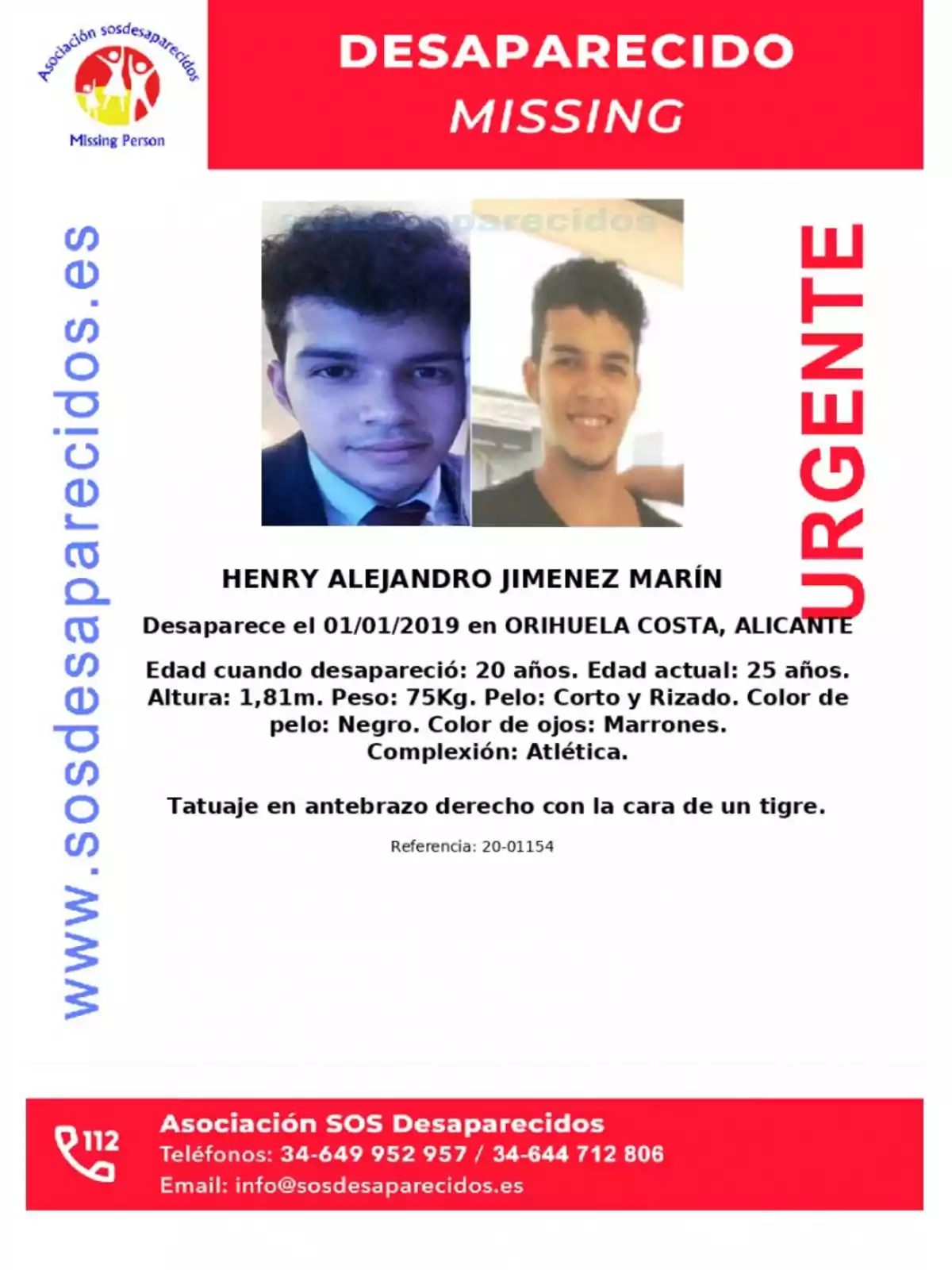 Cartel de persona desaparecida con fotos de un joven llamado Henry Alejandro Jiménez Marín, desaparecido el 01/01/2019 en Orihuela Costa, Alicante, con detalles sobre su edad, altura, peso, color de pelo y ojos, complexión y un tatuaje en el antebrazo derecho; incluye información de contacto de la Asociación SOS Desaparecidos.