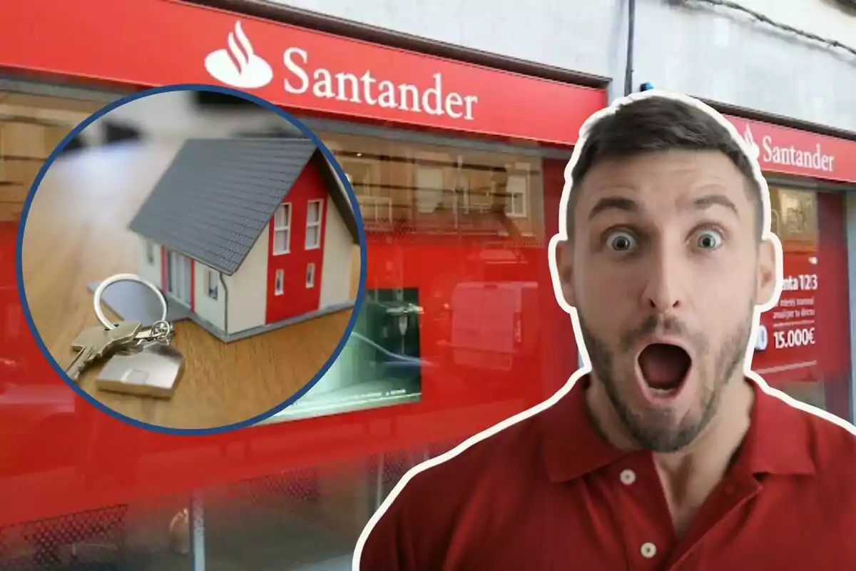 Hombre sorprendido frente a una sucursal del banco Santander con una imagen de una casa y llaves en un círculo.