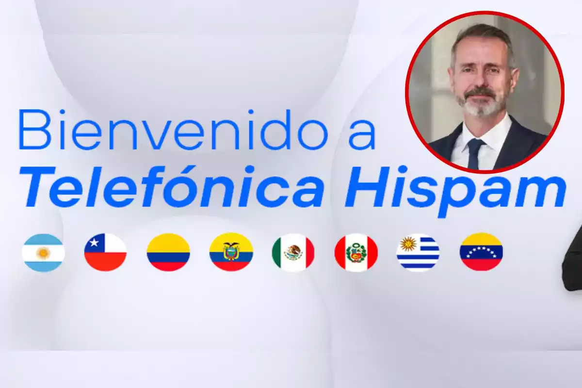 Bienvenida a Telefónica Hispam con banderas de varios países y un retrato de un hombre en un círculo rojo.