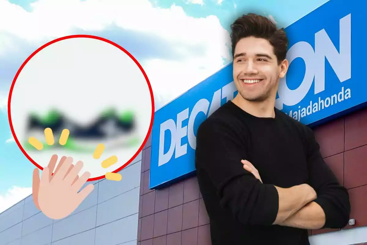 Un hombre sonriente con un suéter negro está de pie frente a un edificio con un cartel azul que dice "DECATHLON Majadahonda" y hay un círculo rojo con una imagen borrosa y un emoji de aplauso.