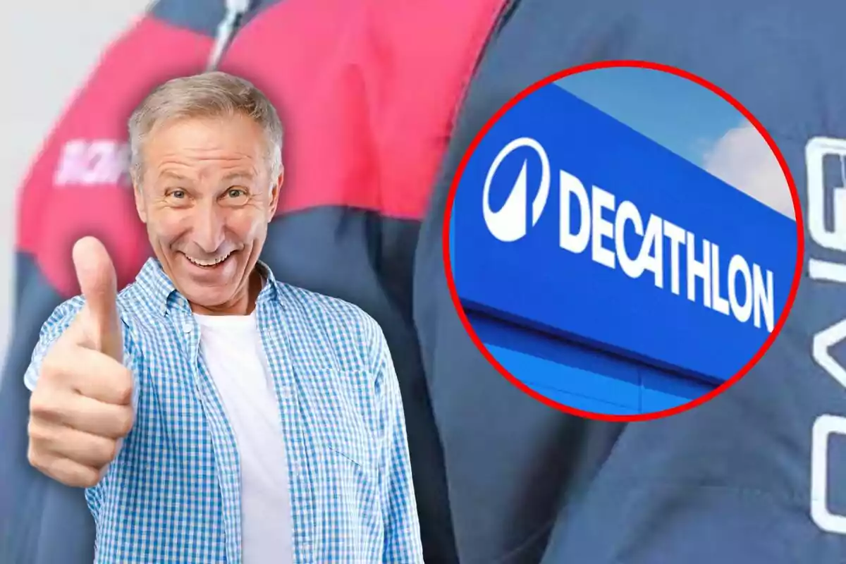 Hombre sonriente con pulgar arriba y logo de Decathlon en un círculo rojo.