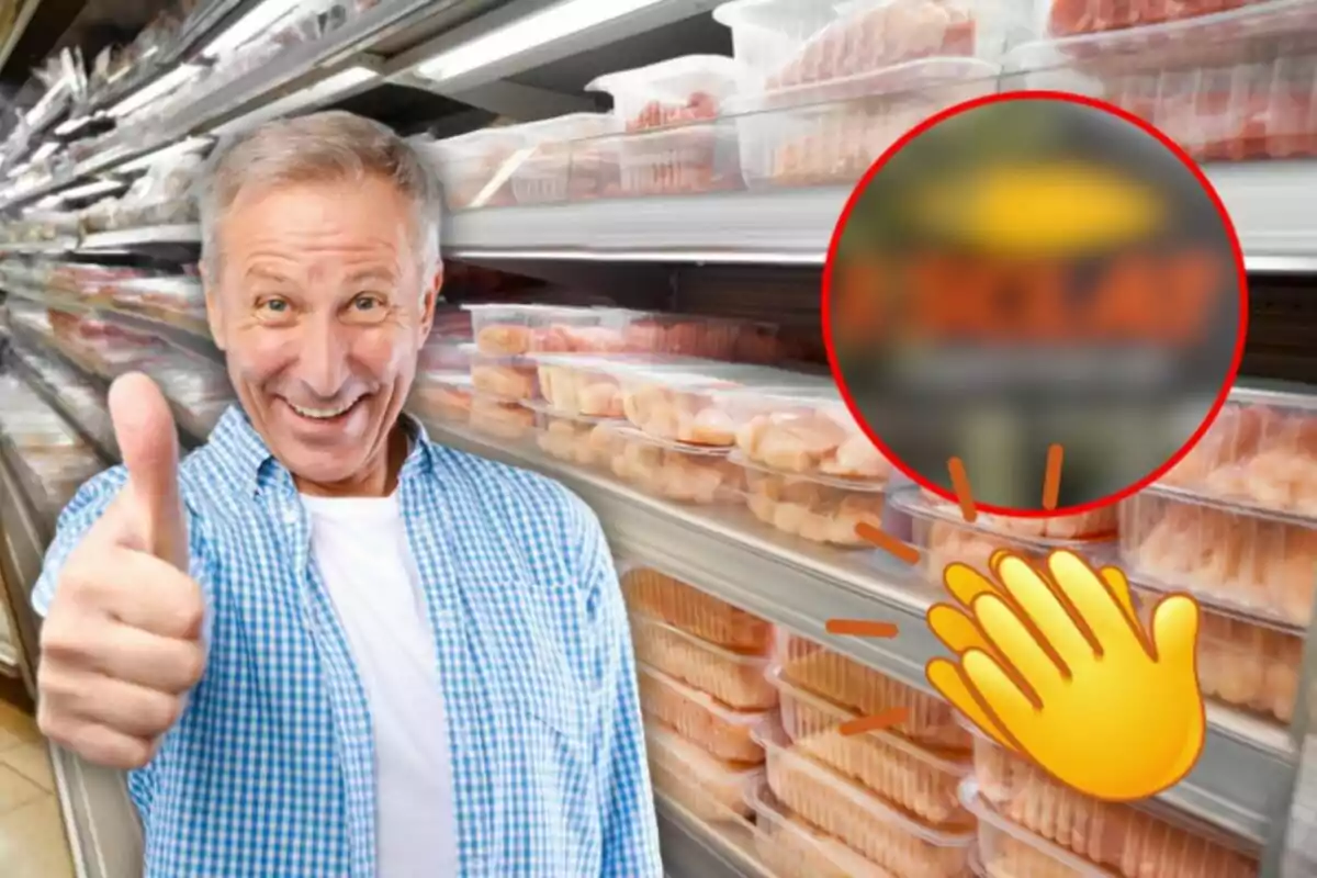 Hombre sonriente con pulgar hacia arriba en un pasillo de supermercado con bandejas de carne y un emoji de aplauso.