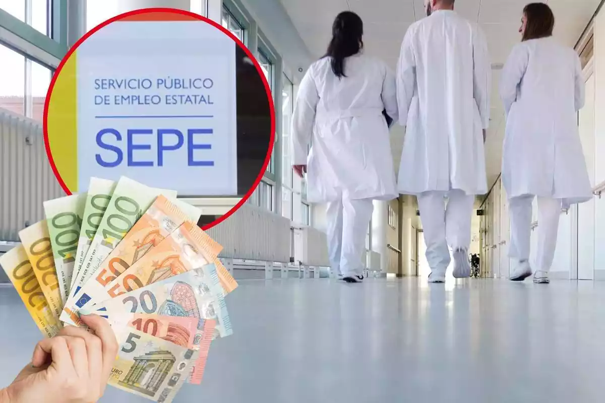 Montaje con una imagen de fondo de un hospital con tres trabajadores y otra imagen del logo del SEPE y de una mano con billetes de euro