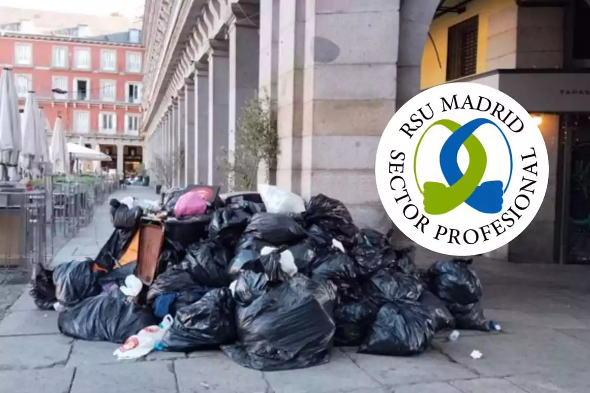 Una pila de bolsas de basura negras acumuladas en una calle junto a un edificio con columnas y un logotipo circular que dice "RSU Madrid Sector Profesional".
