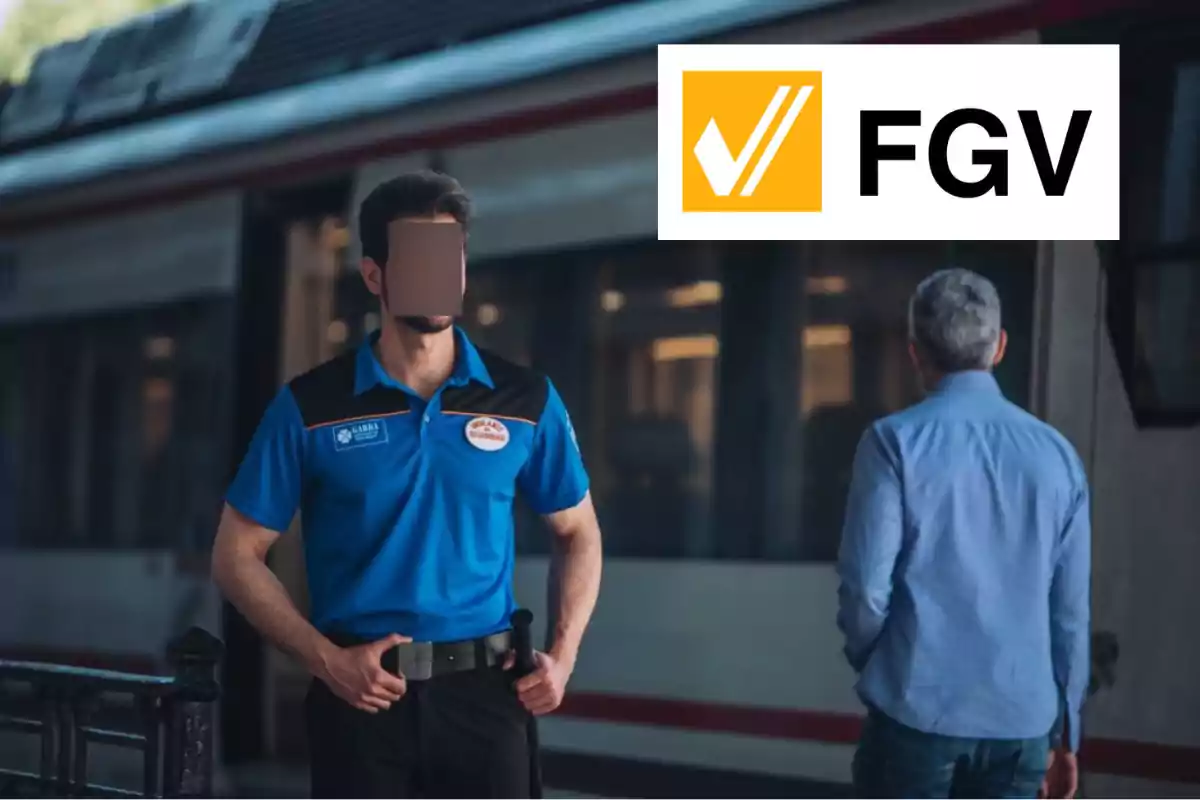 Un hombre con uniforme azul y negro de pie frente a un tren con el logo de FGV en la esquina superior derecha.