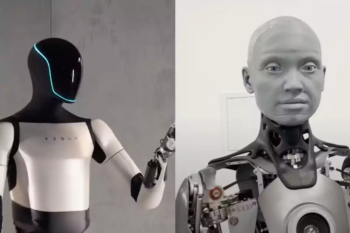 Dos robots humanoides, uno de Tesla con un diseño futurista y otro con una apariencia más realista y detallada.