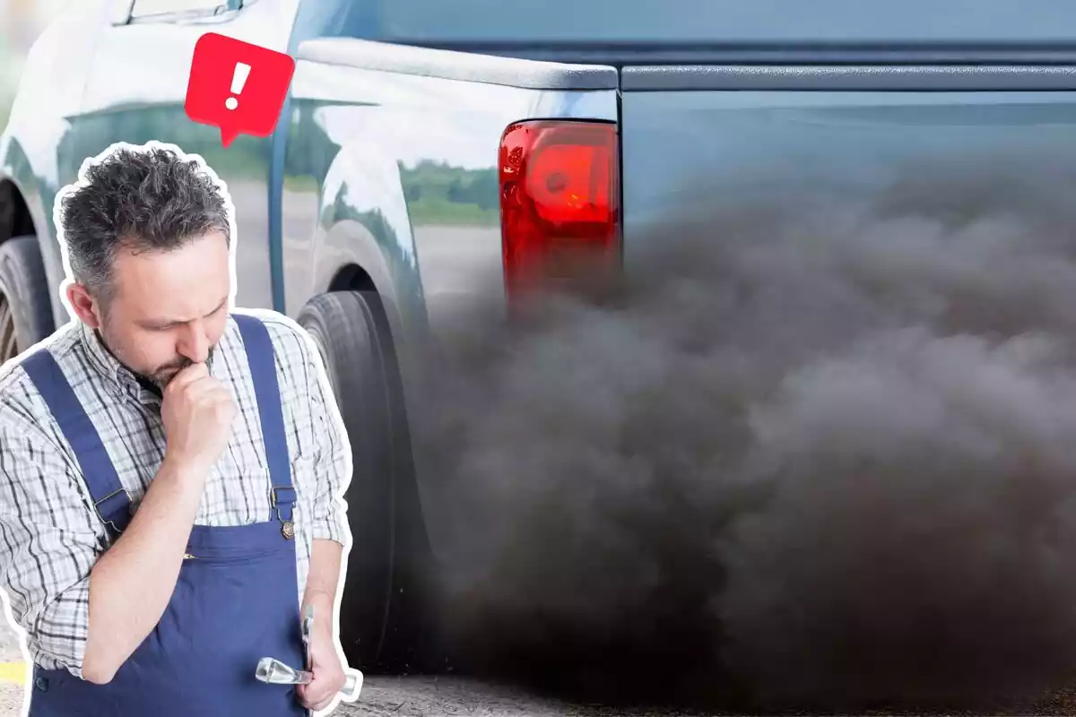 Imagen de fondo de un coche por detrás del que sale humo muy negro, y otra imagen de un hombre vestido de mecánico con una herramienta en la mano