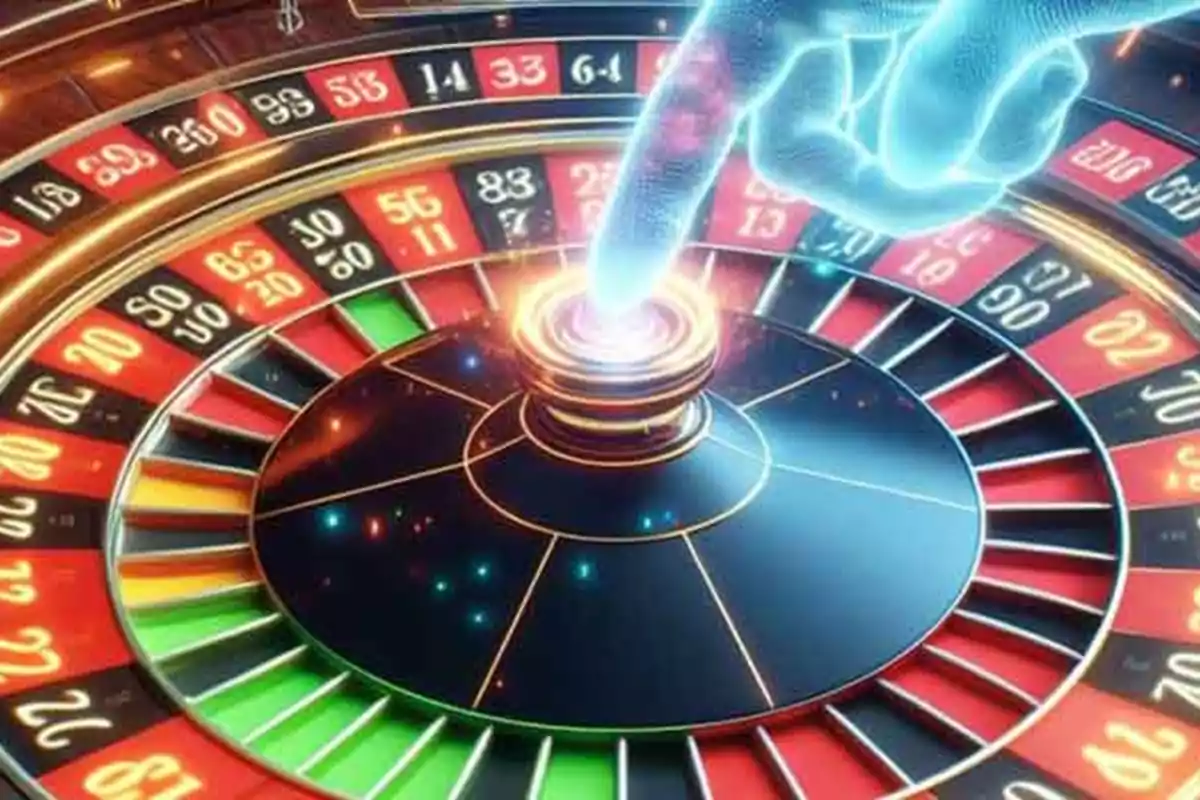 Ruleta de casino con un dedo holográfico presionando el botón central