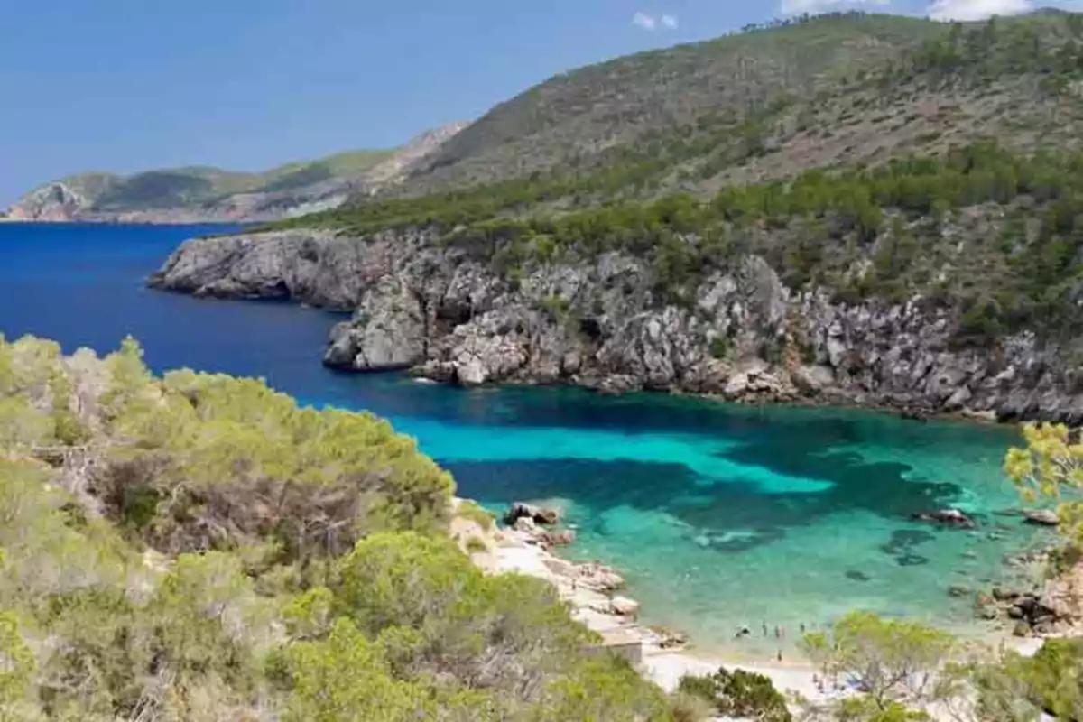 Una cala con aguas turquesas rodeada de colinas verdes y rocosas.