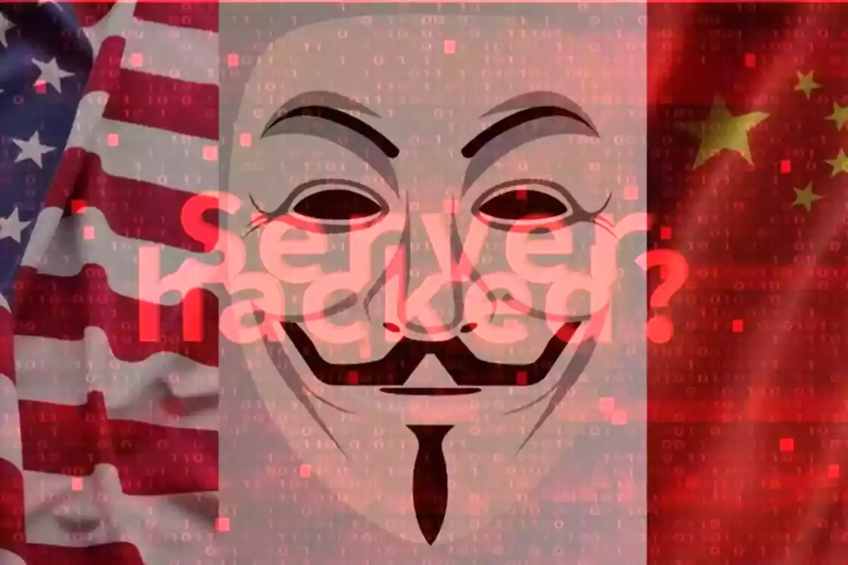 Máscara de Guy Fawkes sobre banderas de Estados Unidos y China con texto "Server hacked?" y fondo de código binario.