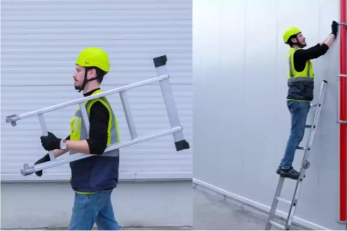 Trabajador con casco y chaleco de seguridad llevando y usando una escalera.