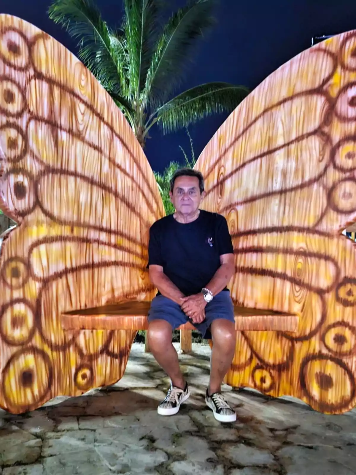 Un hombre sentado en un banco con forma de alas de mariposa, con palmeras en el fondo.