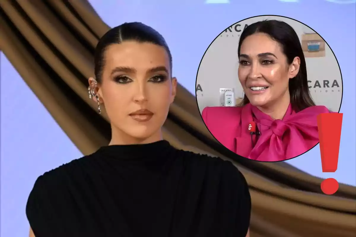 Alba Díaz de cabello oscuro recogido y vestido negro posando frente a un fondo elegante con un círculo que muestra a Vicky Martín Berrocal sonriendo y vestida de rosa junto a un signo de exclamación rojo