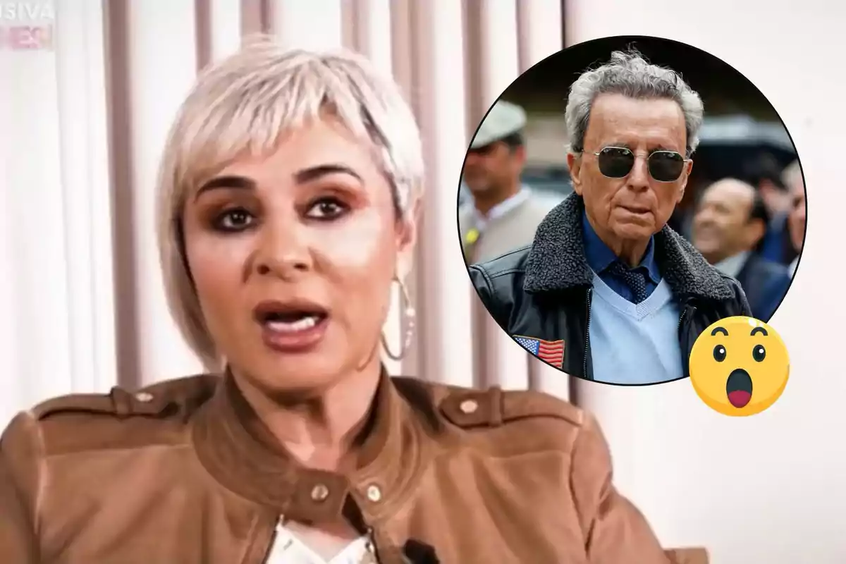 Ana María Aldón de cabello corto y rubio aparece en primer plano mientras que en un círculo se muestra a José Ortega Cano mayor con gafas de sol y una chaqueta, acompañado de un emoji sorprendido.