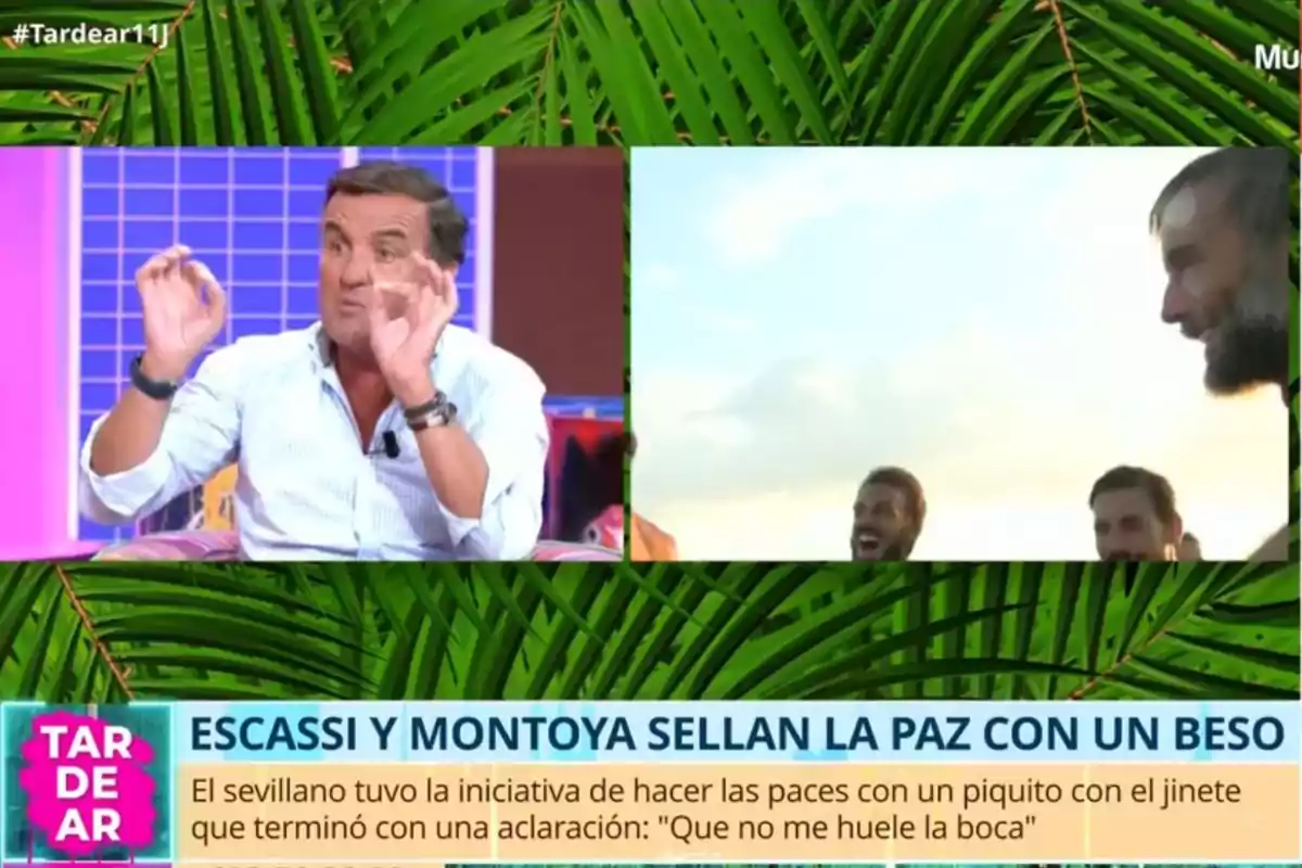 Antonio Montero gesticula en un plató de televisión mientras en la pantalla dividida aparecen varias personas sonriendo al aire libre, con gráficos de hojas verdes y un titular que menciona a Escassi y Montoya sellando la paz con un beso. Antonio Montero gesticula en un plató de televisión mientras en la pantalla dividida aparecen varias personas sonriendo al aire libre, con gráficos de hojas verdes y un titular que menciona a Escassi y Montoya sellando la paz con un beso.