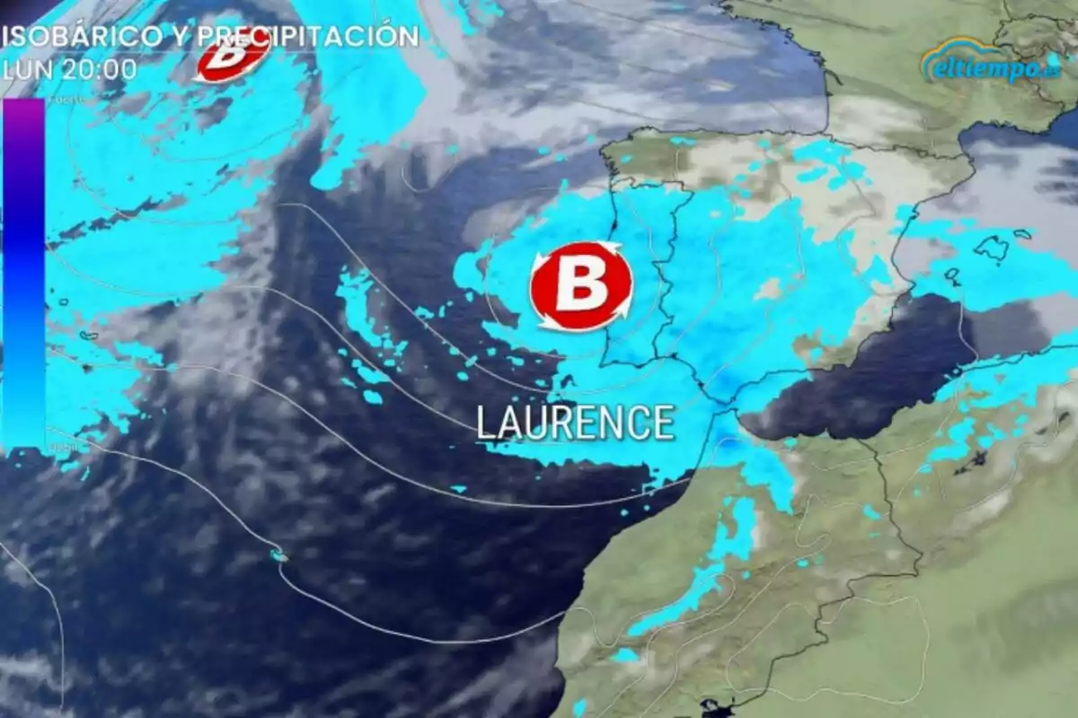 Mapa meteorológico mostrando la presión atmosférica y la precipitación en la región de la península ibérica con un sistema de baja presión identificado como Mapa meteorológico mostrando la presión atmosférica y la precipitación en la región de la península ibérica con un sistema de baja presión identificado como