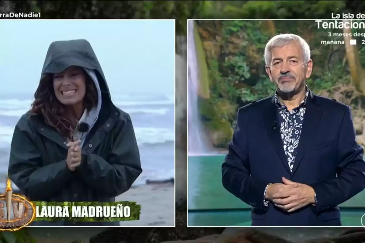 Laura Madrueño y Carlos Sobera aparecen en una transmisión dividida, Laura con chaqueta impermeable en un entorno al aire libre y Carlos con traje en un estudio con fondo de cascada. Laura Madrueño y Carlos Sobera aparecen en una transmisión dividida, Laura con chaqueta impermeable en un entorno al aire libre y Carlos con traje en un estudio con fondo de cascada.