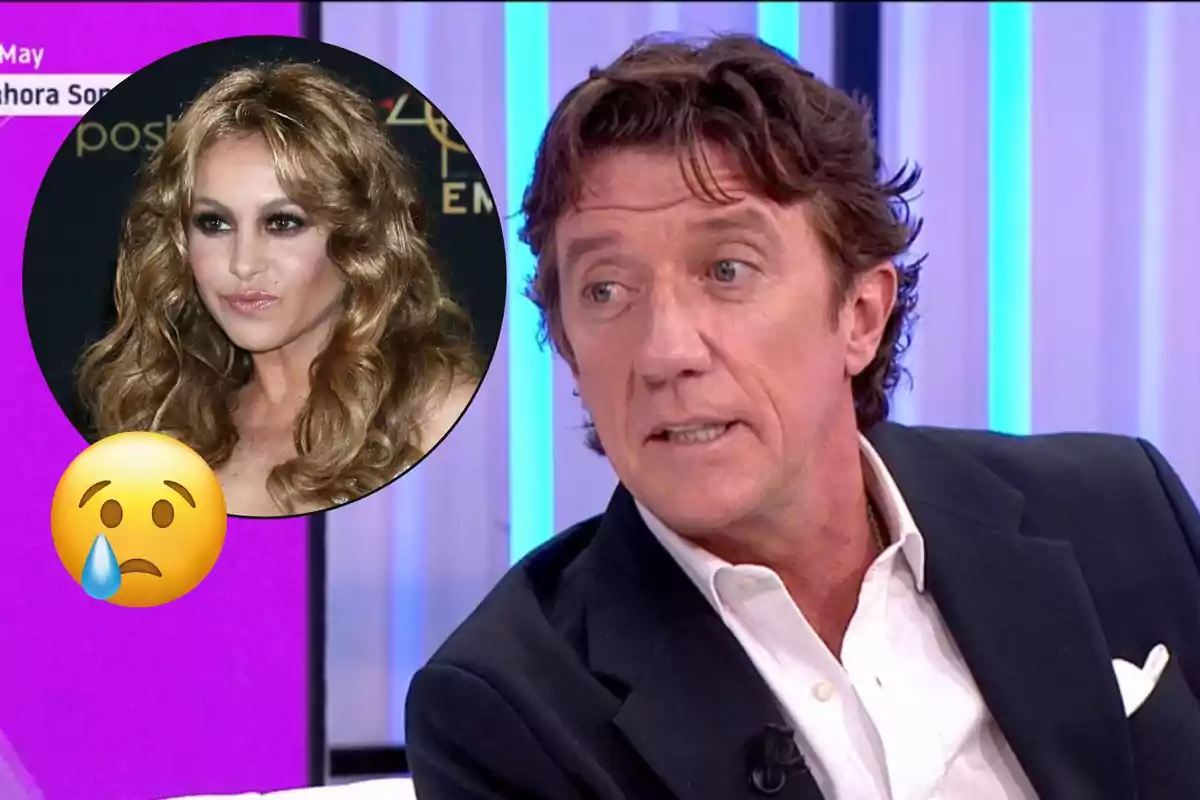 Colate de cabello castaño y saco oscuro hablando en un programa de televisión con la imagen de Paulina Rubio de cabello rubio rizado y un emoji triste con lágrima en la esquina superior izquierda