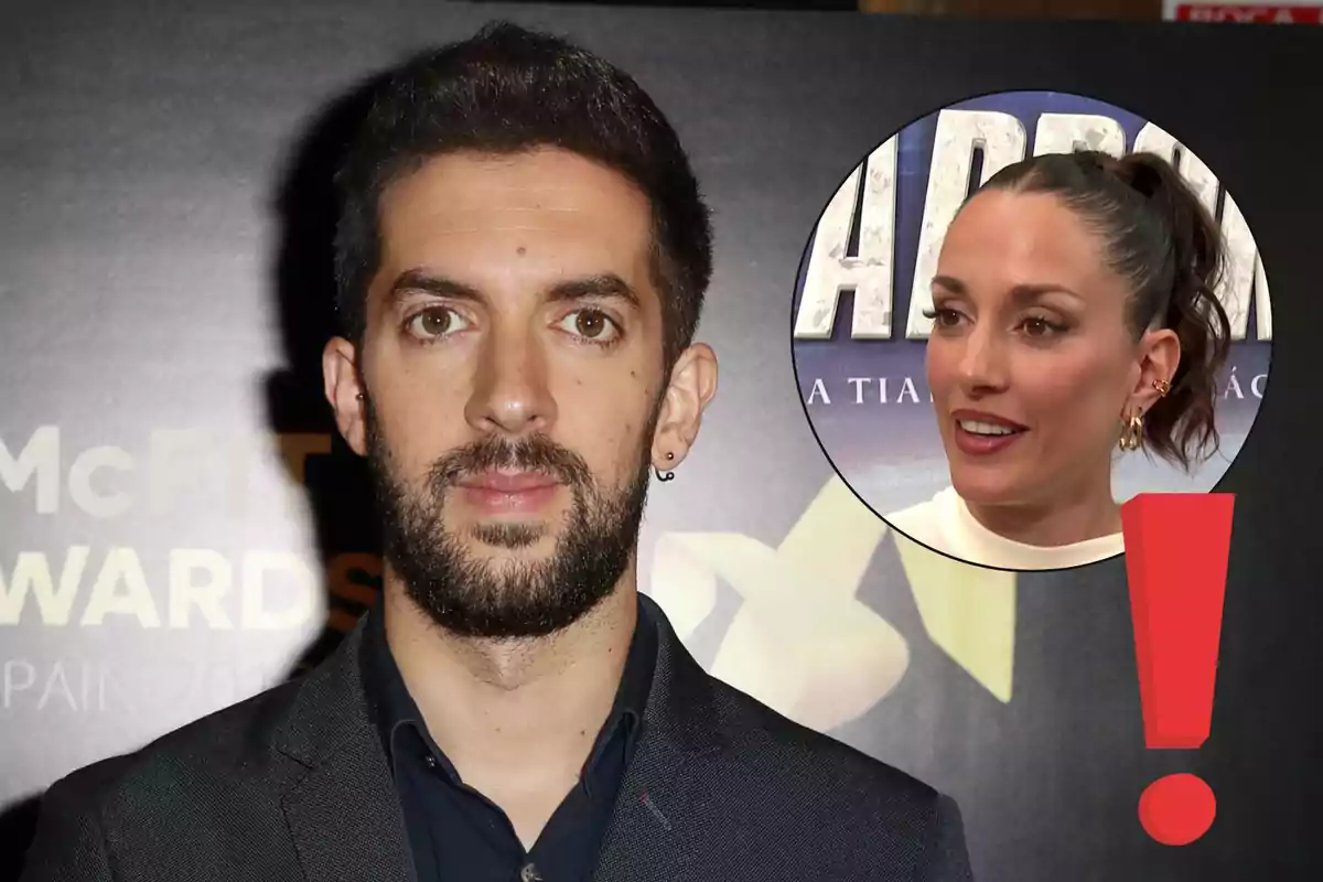 David Broncano de barba con expresión seria en primer plano y un círculo con la imagen de Silvia Alonso sonriente en la esquina superior derecha junto a un signo de exclamación rojo