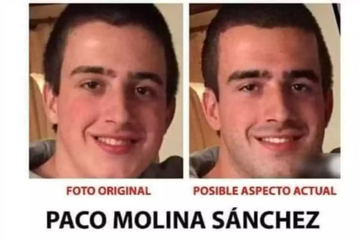 Dos imágenes lado a lado de un joven, una etiquetada como "Foto original" y la otra como "Posible aspecto actual", con el nombre "Paco Molina Sánchez" debajo.