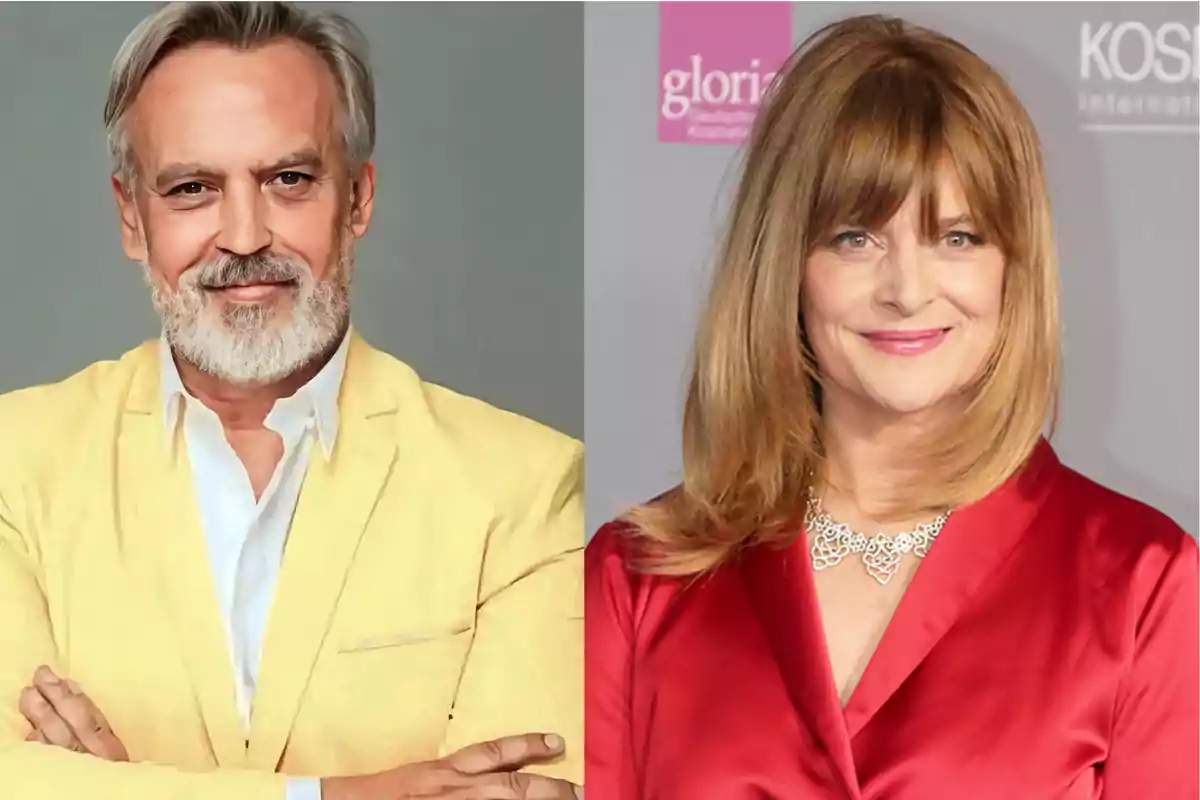 Un hombre con barba y cabello canoso viste un traje amarillo claro y una mujer con cabello castaño claro lleva un vestido rojo y un collar de perlas.