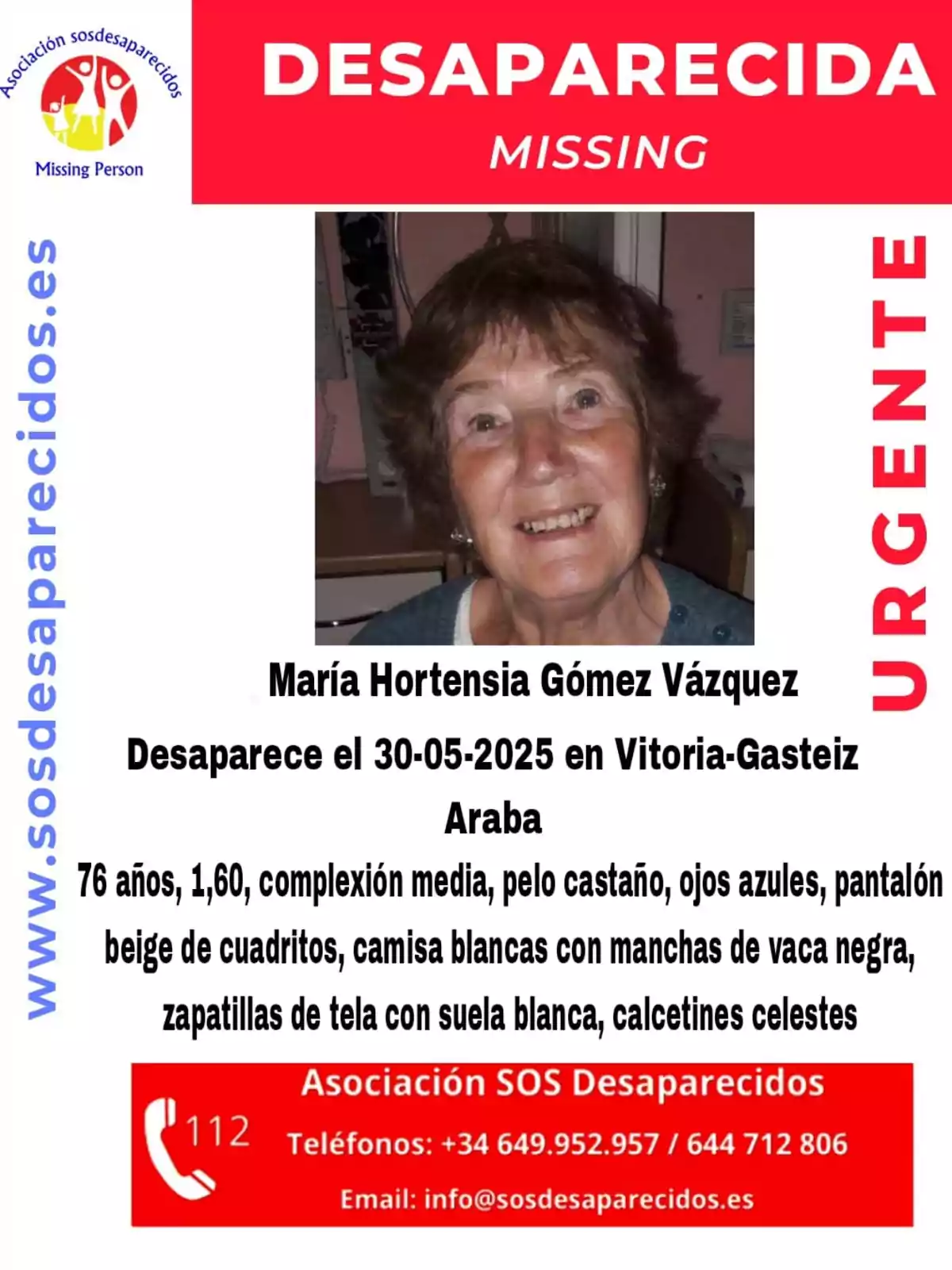 Cartel de persona desaparecida con la foto de una mujer mayor de cabello castaño y ojos azules, información de contacto de la Asociación SOS Desaparecidos y detalles sobre su vestimenta y características físicas Cartel de persona desaparecida con la foto de una mujer mayor de cabello castaño y ojos azules, información de contacto de la Asociación SOS Desaparecidos y detalles sobre su vestimenta y características físicas