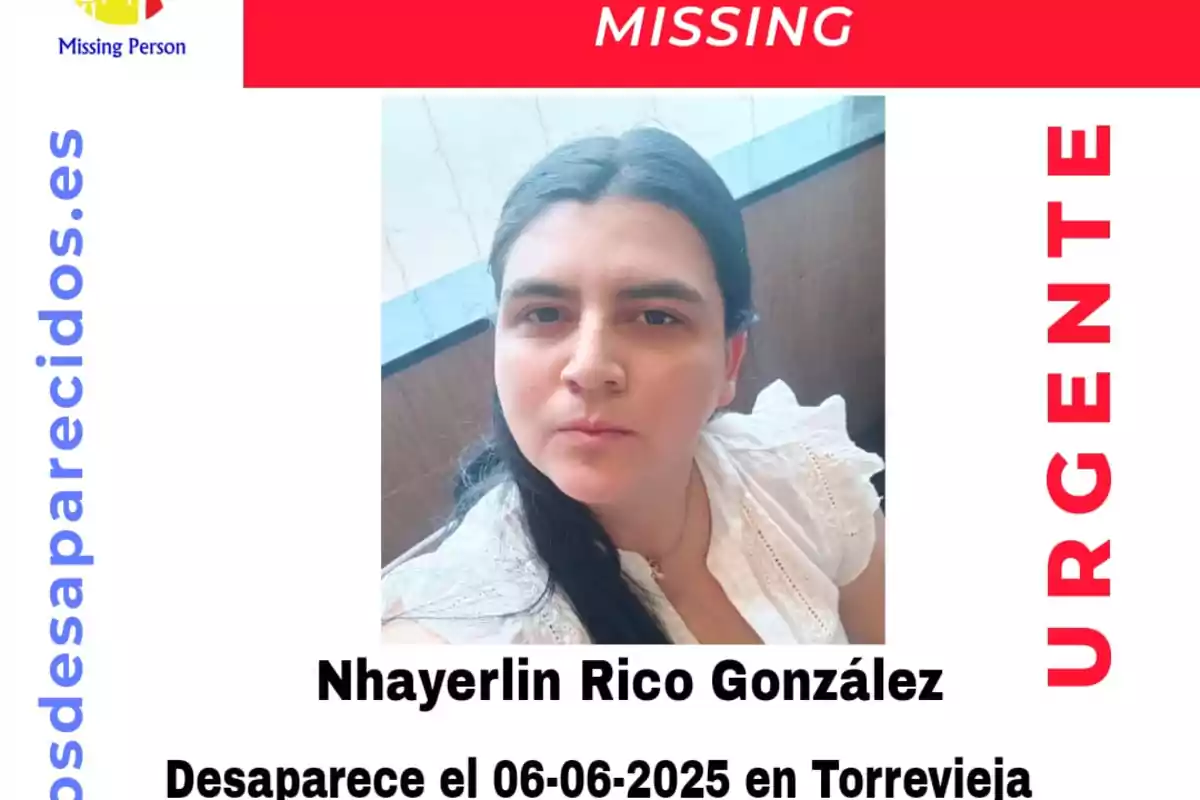 Cartel de persona desaparecida con la foto de una mujer de cabello largo y oscuro, texto en rojo que dice "URGENTE" y "MISSING", y el nombre Nhayerlin Rico González junto con la fecha y lugar de desaparición en Torrevieja.