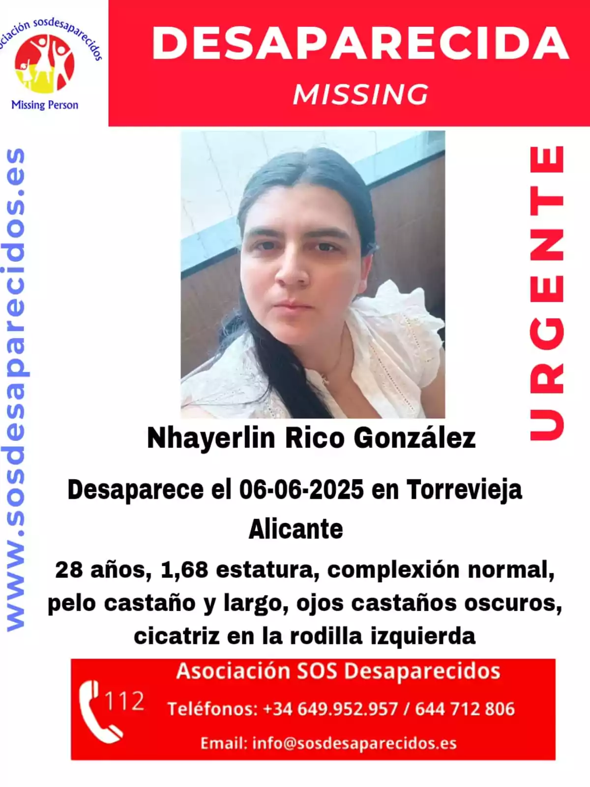 Cartel de persona desaparecida con la foto de una mujer de cabello largo y oscuro, información personal y de contacto de la Asociación SOS Desaparecidos, y la palabra urgente en rojo Cartel de persona desaparecida con la foto de una mujer de cabello largo y oscuro, información personal y de contacto de la Asociación SOS Desaparecidos, y la palabra urgente en rojo