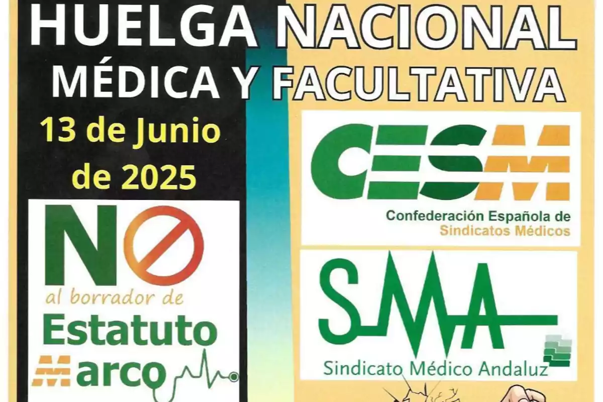 Cartel anunciando una huelga nacional médica y facultativa el 13 de junio de 2025 con los logotipos de CESM y SMA y un mensaje en contra del borrador de Estatuto Marco Cartel anunciando una huelga nacional médica y facultativa el 13 de junio de 2025 con los logotipos de CESM y SMA y un mensaje en contra del borrador de Estatuto Marco
