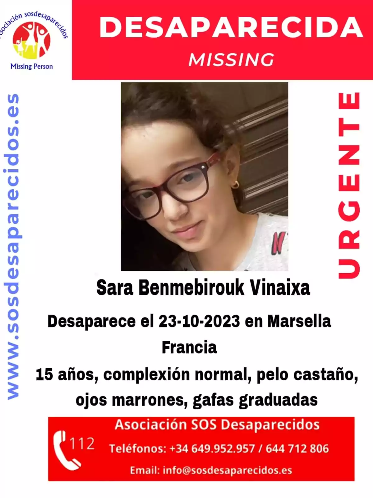 Cartel de persona desaparecida con la foto de una joven de cabello castaño y gafas, información de contacto y detalles sobre su desaparición en Marsella, Francia Cartel de persona desaparecida con la foto de una joven de cabello castaño y gafas, información de contacto y detalles sobre su desaparición en Marsella, Francia