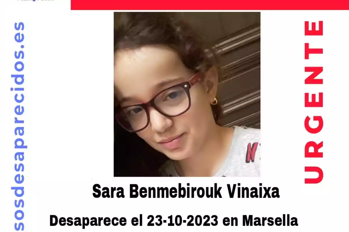 Cartel de búsqueda urgente de una niña desaparecida llamada Sara Benmebirouk Vinaixa con fecha de desaparición el 23 de octubre de 2023 en Marsella