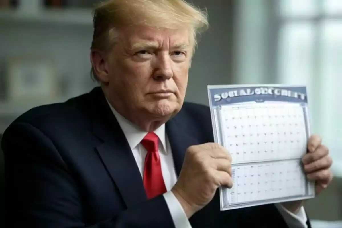Un hombre de traje oscuro y corbata roja sostiene un calendario en sus manos.