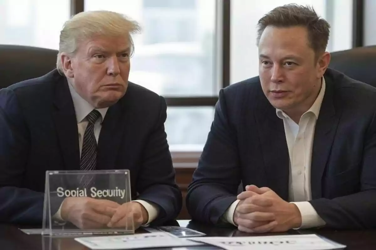 Two men sitting at a table with a sign that says Two men sitting at a table with a sign that says