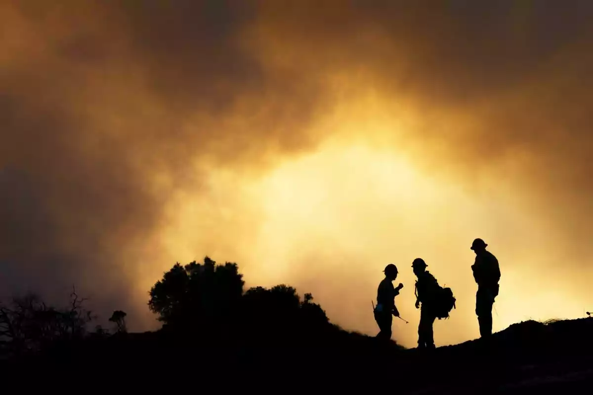 Tres personas con cascos en silueta frente a un cielo nublado y anaranjado a raíz de los incendios de Los Ángeles. Tres personas con cascos en silueta frente a un cielo nublado y anaranjado a raíz de los incendios de Los Ángeles.