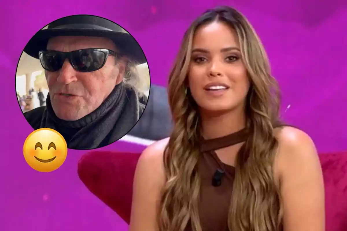 Gloria Camila sentada en un sillón rojo con un fondo morado, junto a un círculo que muestra a Amador Mohedano con sombrero y gafas de sol, acompañado de un emoji sonriente.