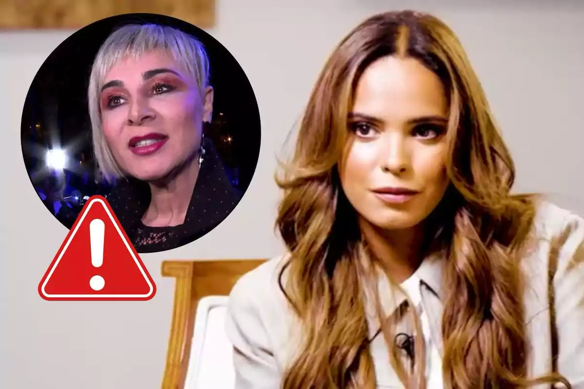 Ana María Aldón y Gloria Camila aparecen en la imagen, Ana María en un recuadro circular con un signo de advertencia y Gloria Camila en primer plano, ambas con expresiones serias.