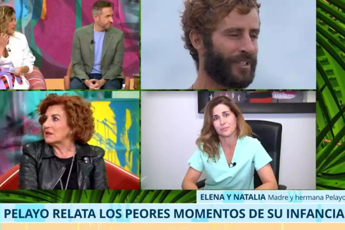 Un programa de televisión muestra a varias personas en un set colorido y en videollamadas, con un texto en la parte inferior que menciona momentos difíciles de la infancia de Pelayo. Un programa de televisión muestra a varias personas en un set colorido y en videollamadas, con un texto en la parte inferior que menciona momentos difíciles de la infancia de Pelayo.