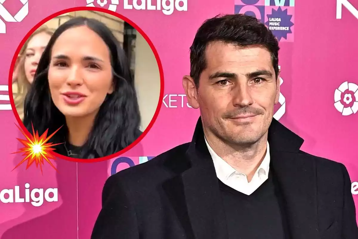 Iker Casillas en primer plano mientras se muestra una imagen de Claudia Bavel en un círculo.