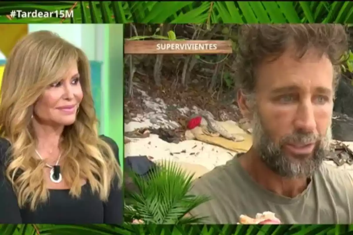 Lara Dibildos sonriente en un estudio de televisión observa a Álvaro Muñoz Escassi barbudo en una playa, con el texto Lara Dibildos sonriente en un estudio de televisión observa a Álvaro Muñoz Escassi barbudo en una playa, con el texto