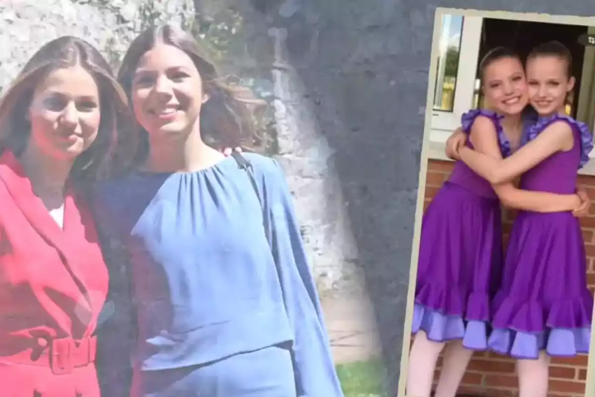 La princesa Leonor y la infanta Sofía sonríen al aire libre, una vestida de rojo y la otra de azul, junto a una foto insertada de ellas de niñas abrazadas con vestidos morados La princesa Leonor y la infanta Sofía sonríen al aire libre, una vestida de rojo y la otra de azul, junto a una foto insertada de ellas de niñas abrazadas con vestidos morados