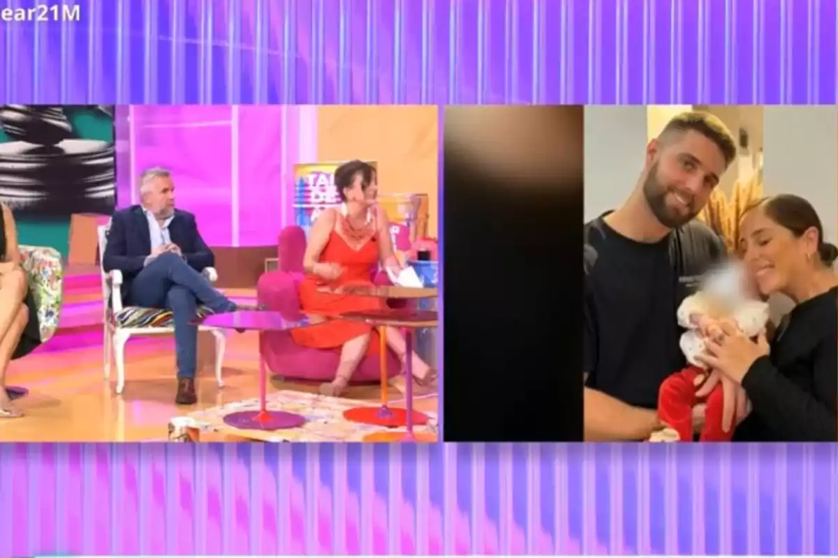 Un programa de televisión con un panel de invitados discute un tema mientras se muestra una imagen de una pareja con un bebé en la pantalla. Un programa de televisión con un panel de invitados discute un tema mientras se muestra una imagen de una pareja con un bebé en la pantalla.