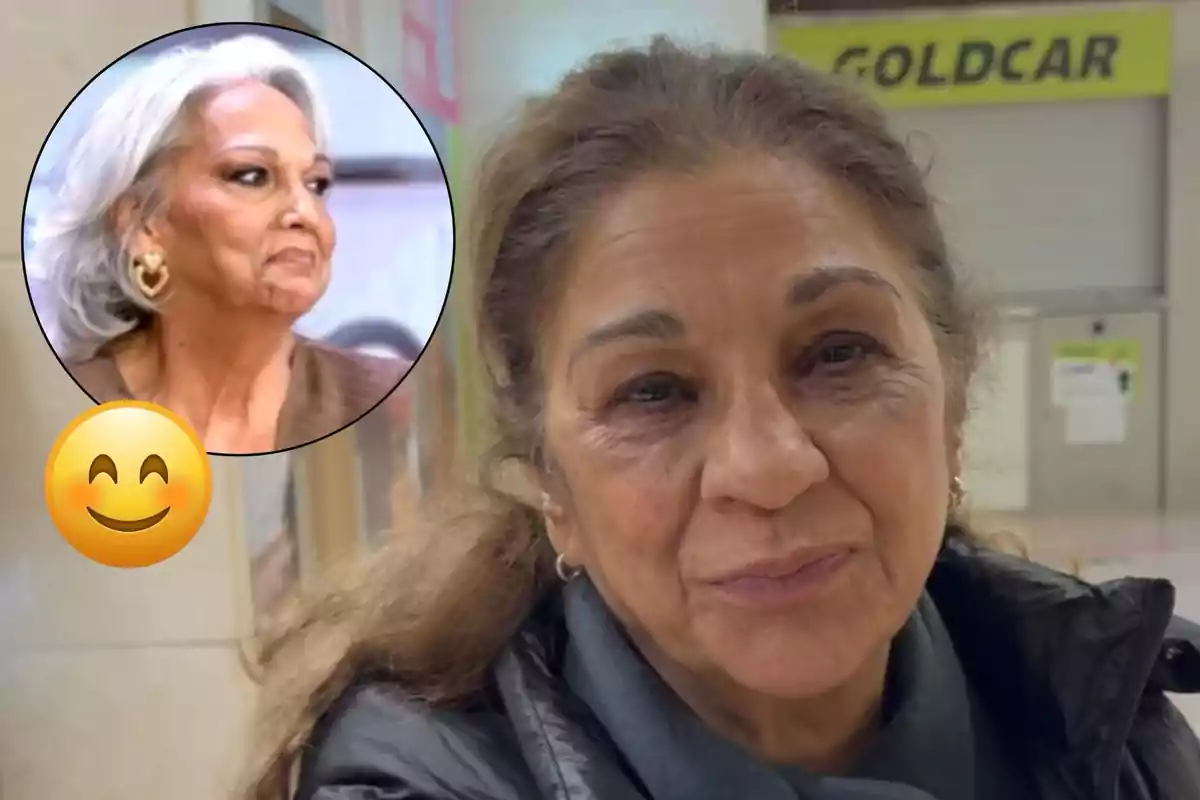 Lolita Flores mayor sonríe suavemente mientras está en un lugar público, con un recuadro que muestra a Charo Vega de cabello canoso y expresión seria, junto a un emoji sonriente.