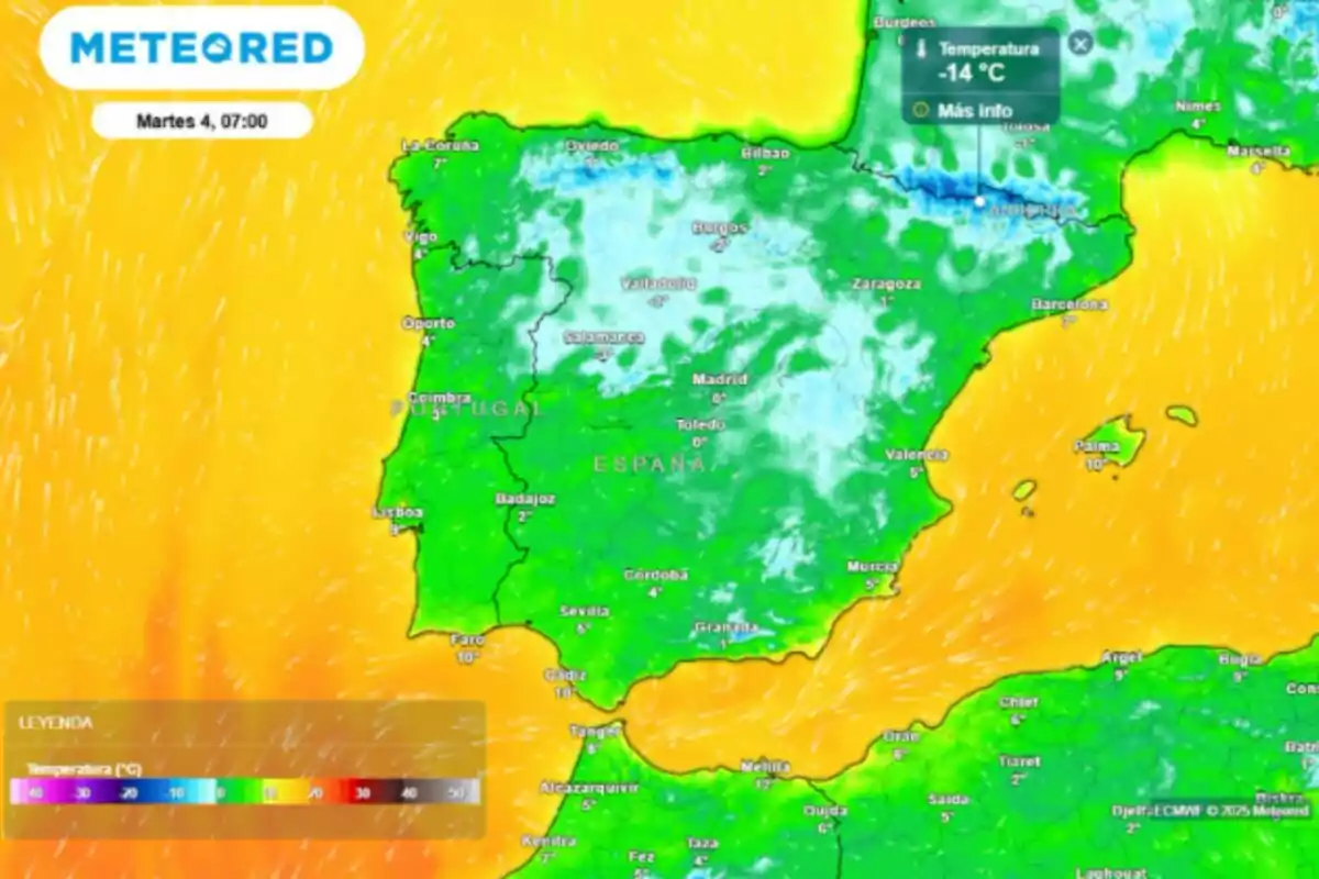 Mapa meteorológico de la península ibérica del martes, 4 de febrero de 2025, mostrando temperaturas en diferentes ciudades con un gradiente de colores que indica variaciones térmicas, destacando una temperatura de -14°C en el norte. Mapa meteorológico de la península ibérica del martes, 4 de febrero de 2025, mostrando temperaturas en diferentes ciudades con un gradiente de colores que indica variaciones térmicas, destacando una temperatura de -14°C en el norte.