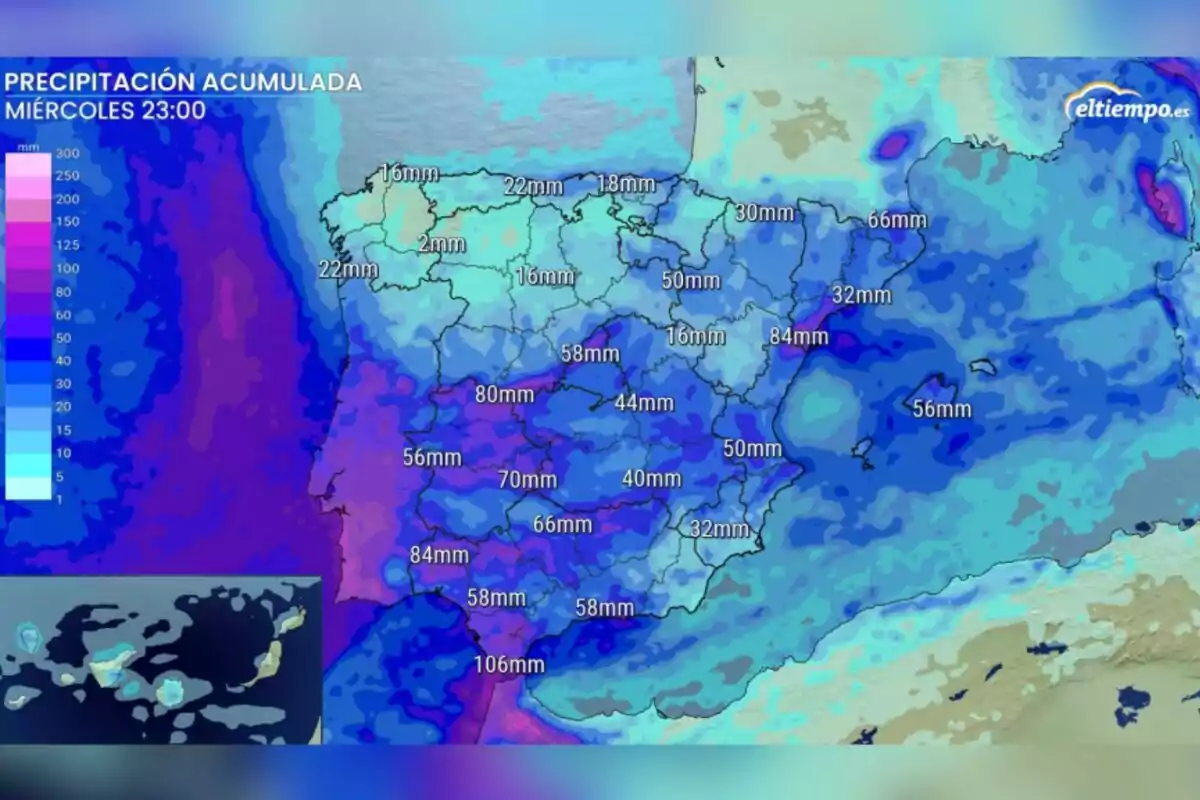 Mapa meteorológico de España que muestra la precipitación acumulada en milímetros para el miércoles a las 23:00 horas, con una escala de colores que indica diferentes niveles de lluvia en distintas regiones del país. Mapa meteorológico de España que muestra la precipitación acumulada en milímetros para el miércoles a las 23:00 horas, con una escala de colores que indica diferentes niveles de lluvia en distintas regiones del país.