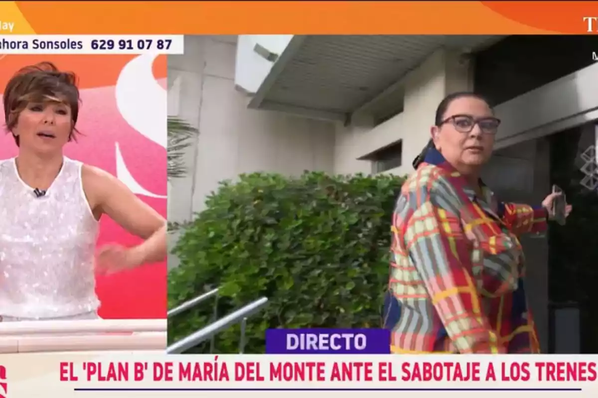 María del Monte y Sonsoles Ónega aparecen en un programa de televisión en vivo, Sonsoles está en un estudio con fondo rosa y María está afuera de un edificio, el texto en pantalla menciona un plan alternativo relacionado con un sabotaje a los trenes. María del Monte y Sonsoles Ónega aparecen en un programa de televisión en vivo, Sonsoles está en un estudio con fondo rosa y María está afuera de un edificio, el texto en pantalla menciona un plan alternativo relacionado con un sabotaje a los trenes.
